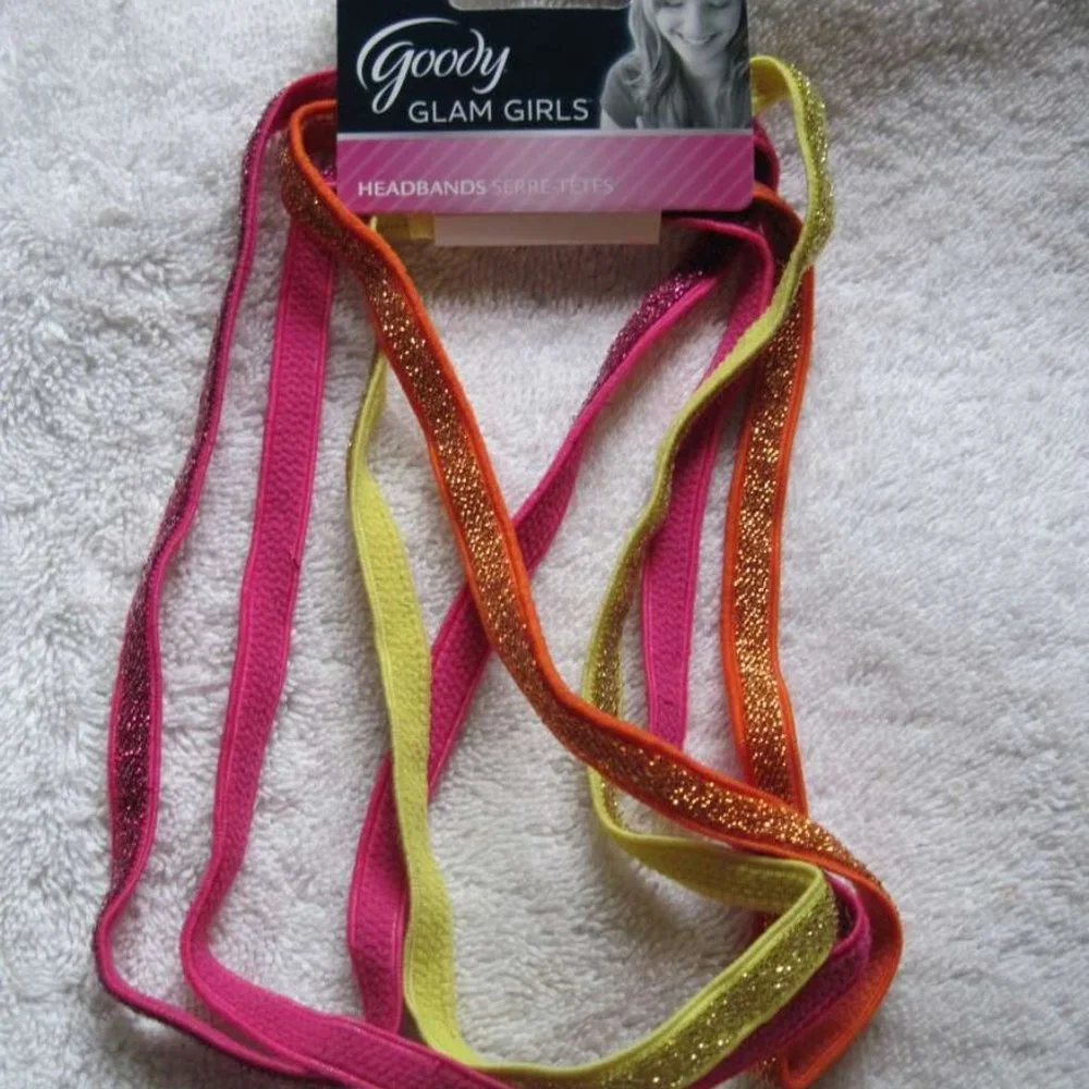 4 Goody Glam Girls Glitter Hair Head Bands Yellow Orange Pink Mylar Tinsel Weave